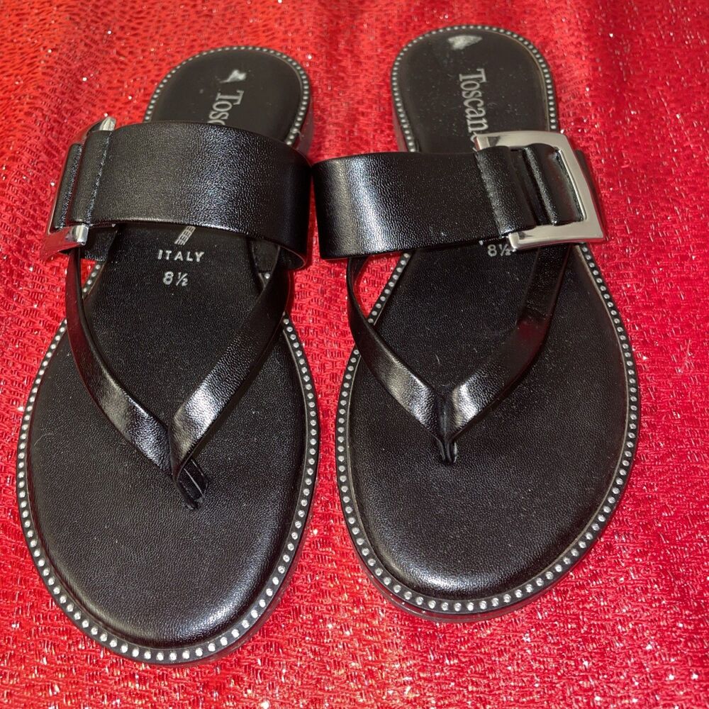 Toscanella Black Buckle Thong Sandals Slip On Leather Women's Size 8.5 Summer
